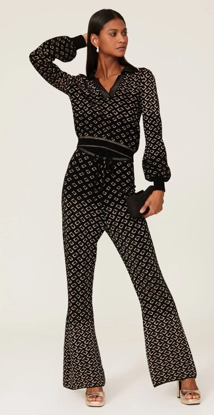 Diane von Furstenberg Verdi Black Geometric Print Knit Flare Leg High Rise Pants